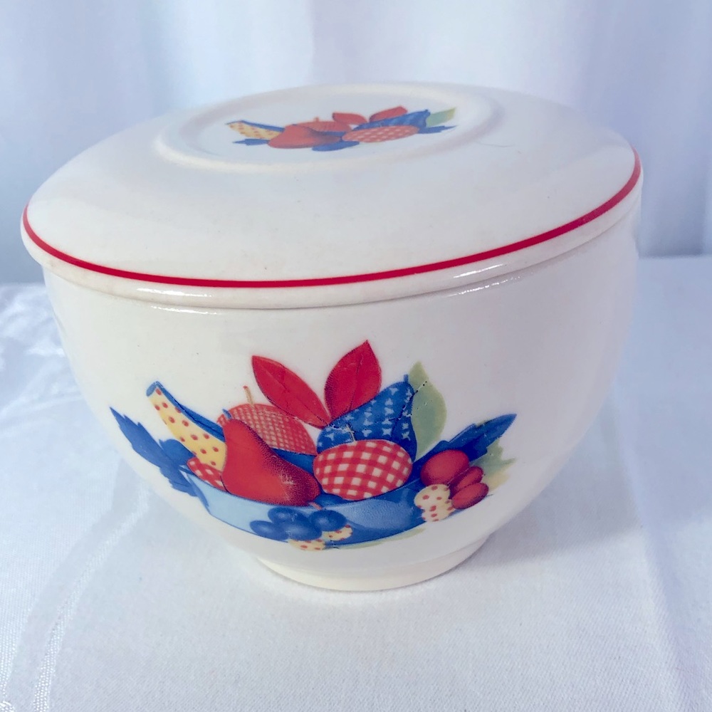 RARE MINTY! Calico Fruit Refrigerator Bowl w Lid Vintage Antique 1940s CLEAN EXC